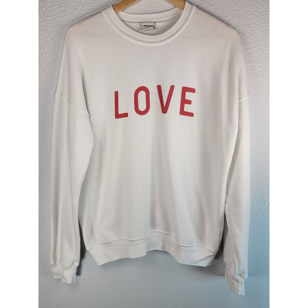 HRT & LUV Womens White Love Graphic Crewneck Sweatshirt Large Red Text Pullover